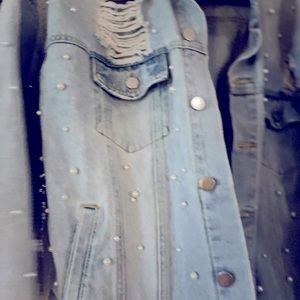 Size small light distressed jean coat with pearls